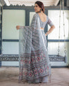 Grey Pastel Geometric & Floral Print Cotton Linen Saree | Blouse & Tassel Detailing