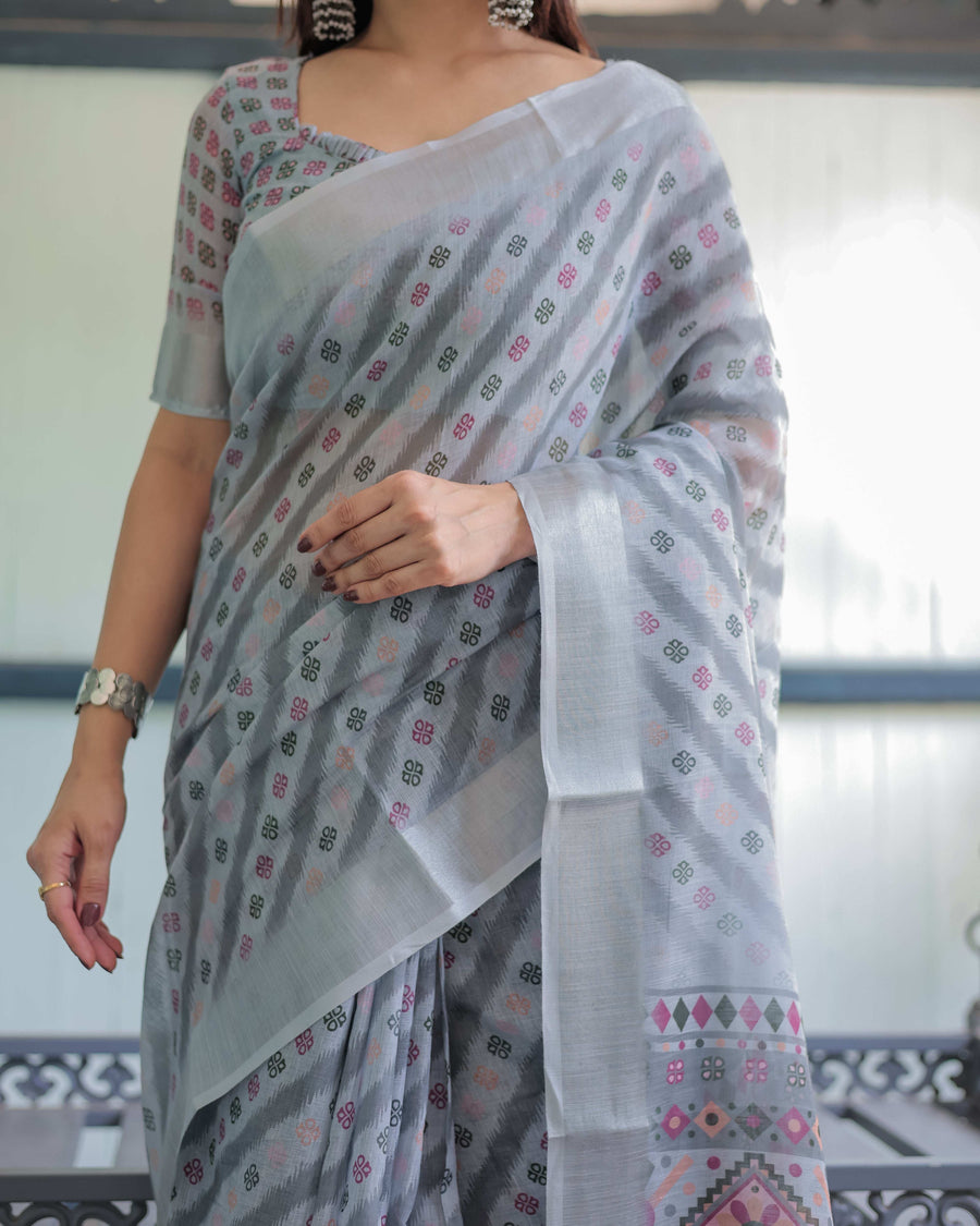 Grey Pastel Geometric & Floral Print Cotton Linen Saree | Blouse & Tassel Detailing
