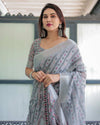 Grey Pastel Geometric & Floral Print Cotton Linen Saree | Blouse & Tassel Detailing