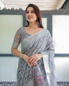 Grey Pastel Geometric & Floral Print Cotton Linen Saree | Blouse & Tassel Detailing