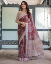 Maroon Floral Printed Pure Cotton Linen Saree | Matching Blouse & Tassel Detailing