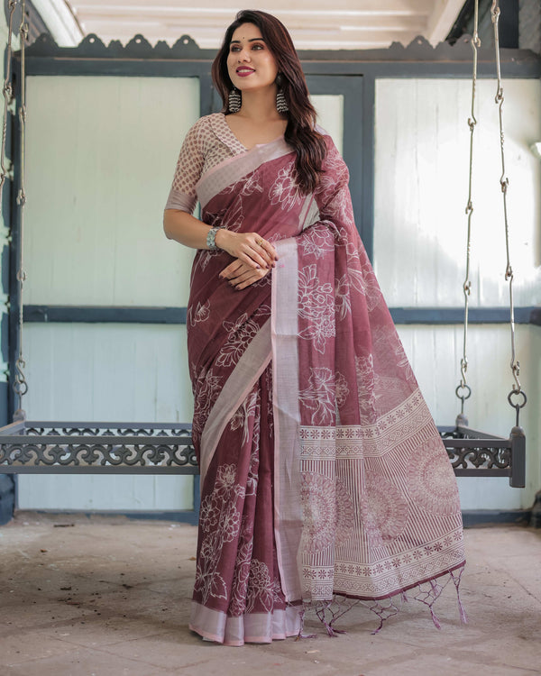 Maroon Floral Printed Pure Cotton Linen Saree | Matching Blouse & Tassel Detailing