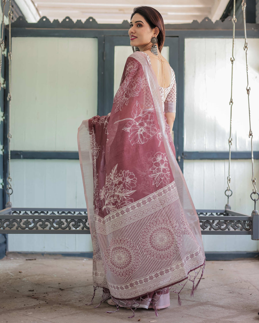 Maroon Floral Printed Pure Cotton Linen Saree | Matching Blouse & Tassel Detailing