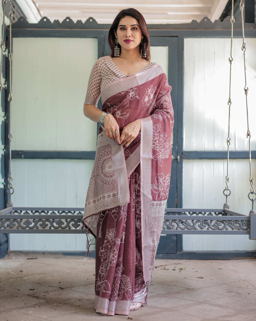Maroon Floral Printed Pure Cotton Linen Saree | Matching Blouse & Tassel Detailing