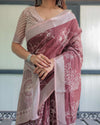 Maroon Floral Printed Pure Cotton Linen Saree | Matching Blouse & Tassel Detailing