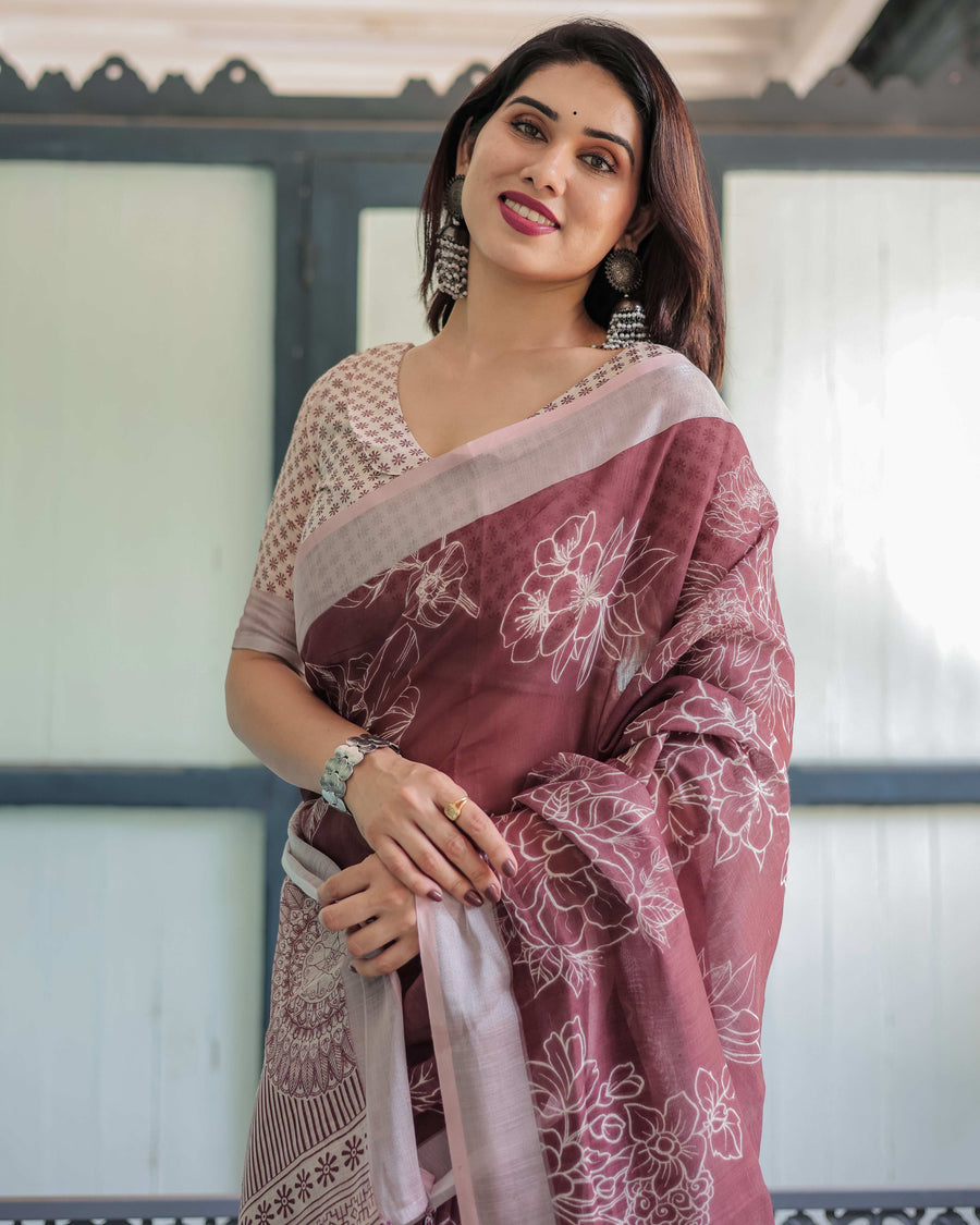 Maroon Floral Printed Pure Cotton Linen Saree | Matching Blouse & Tassel Detailing