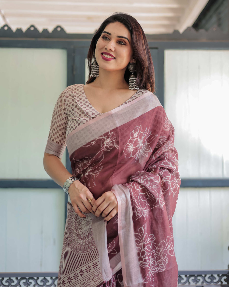 Maroon Floral Printed Pure Cotton Linen Saree | Matching Blouse & Tassel Detailing