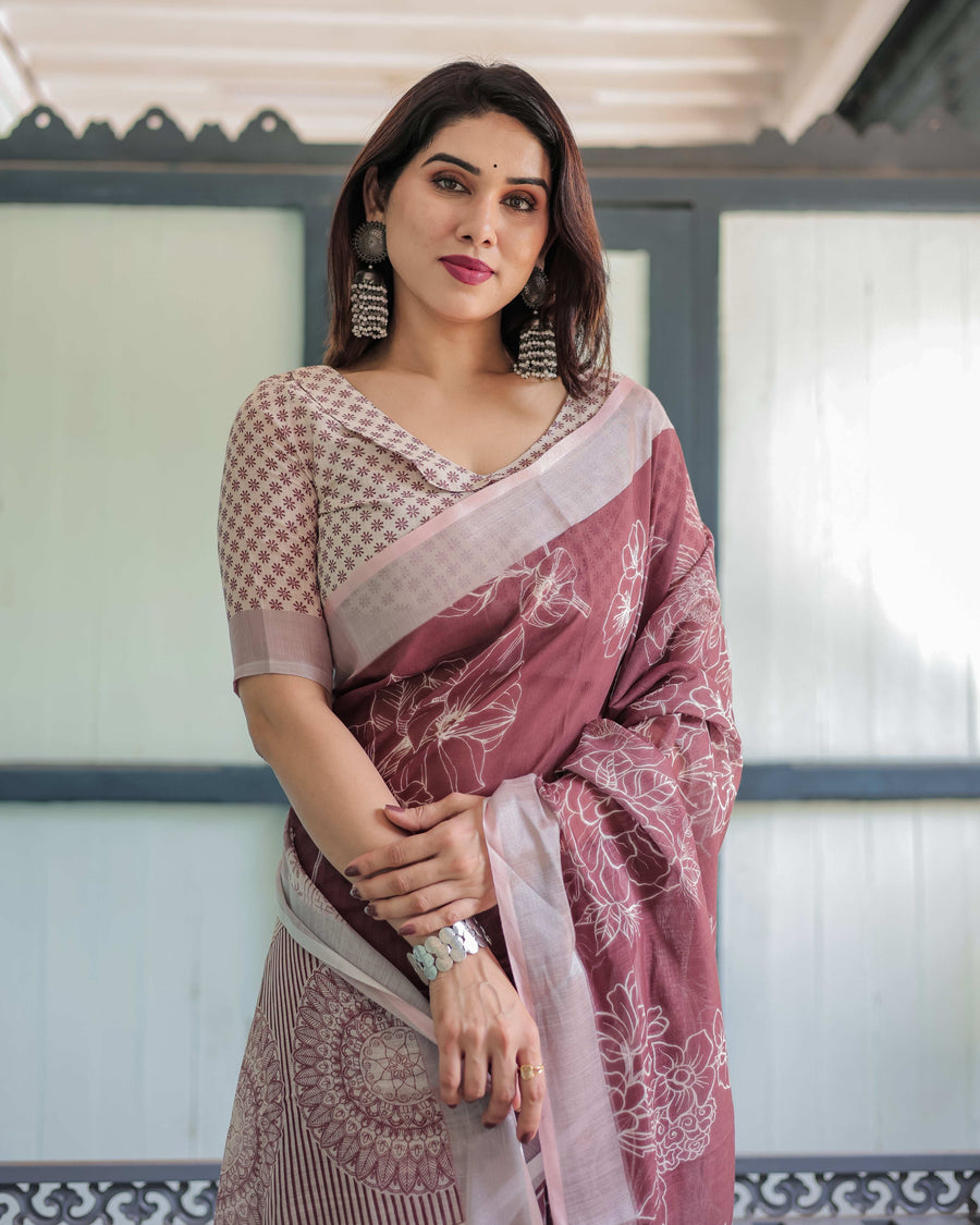 Maroon Floral Printed Pure Cotton Linen Saree | Matching Blouse & Tassel Detailing