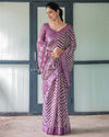 Purple and White Zigzag Patterned Pure Cotton Linen Saree with Blouse and Tassel Edges