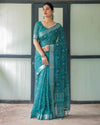 Teal Green Pure Cotton Linen Saree with Silver Floral Motifs and Tassels