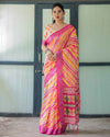 Vibrant Yellow and Pink Ikat Printed Cotton Linen Saree with Blouse and Tassels