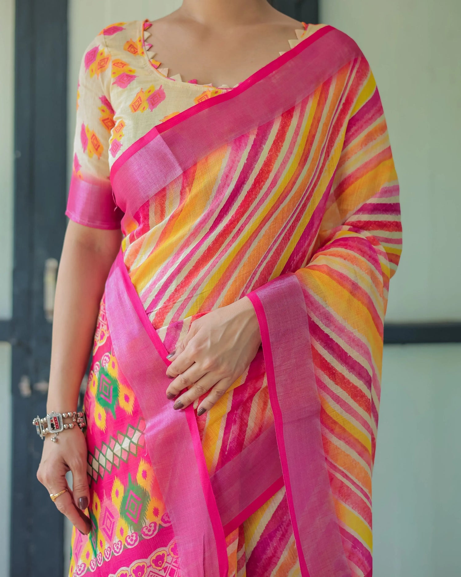 Vibrant Yellow and Pink Ikat Printed Cotton Linen Saree with Blouse and Tassels - SHREE ROOP