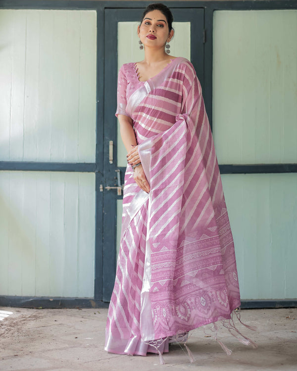 Purple Chevron Print Pure Cotton Linen Saree with Blouse and Tassels