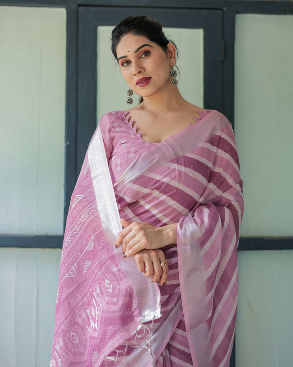 Purple Chevron Print Pure Cotton Linen Saree with Blouse and Tassels