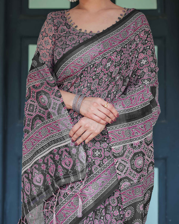 Black Pure Cotton Linen Saree with Pink Striped Pallu and Tassel Accents