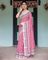 Pink and Beige Floral Printed Pure Cotton Linen Saree with Striped Blouse and Tassels on Edges