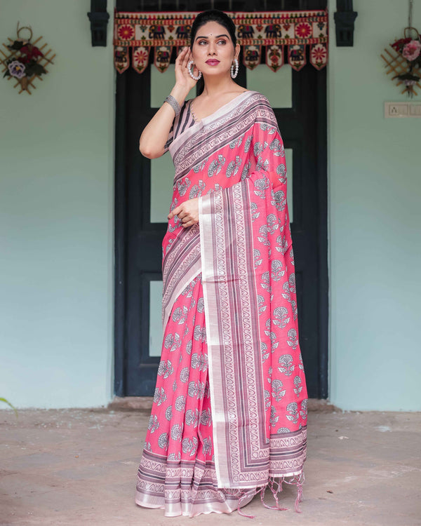 Pink and Beige Floral Printed Pure Cotton Linen Saree with Striped Blouse and Tassels on Edges