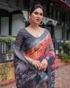 Multicolor Floral Design Pure Cotton Linen Saree with Blouse and Tassels