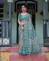 Teal Green Floral Printed Pure Cotton Linen Saree | Blouse & Tassel Edges