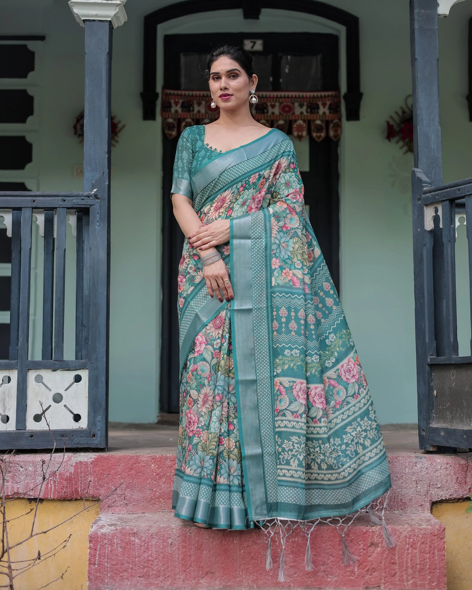 Teal Green Floral Printed Pure Cotton Linen Saree | Blouse & Tassel Edges - SHREE ROOP