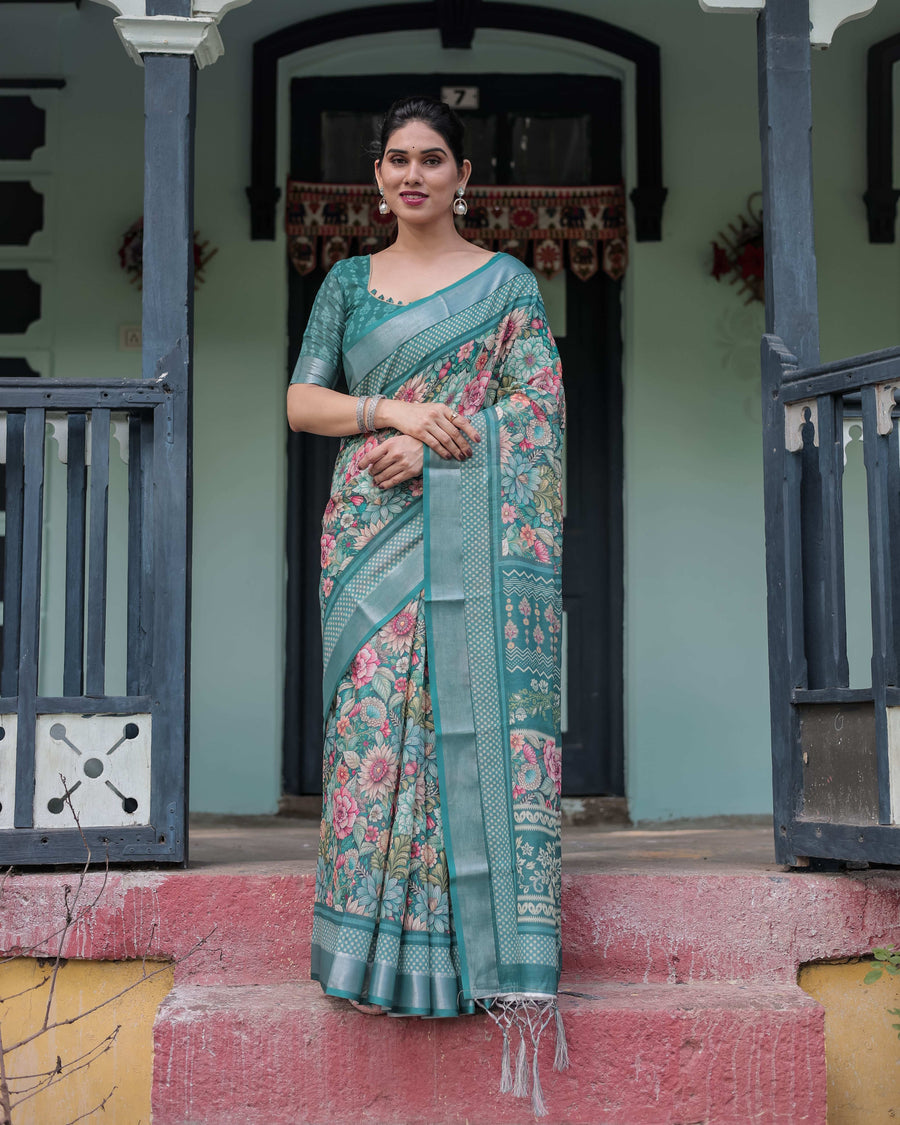 Teal Green Floral Printed Pure Cotton Linen Saree | Blouse & Tassel Edges