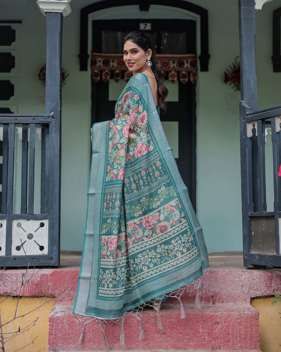 Teal Green Floral Printed Pure Cotton Linen Saree | Blouse & Tassel Edges