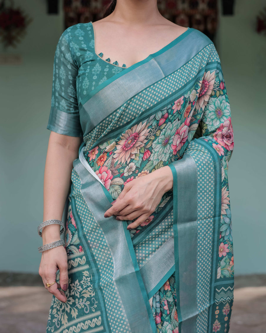 Teal Green Floral Printed Pure Cotton Linen Saree | Blouse & Tassel Edges