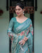 Teal Green Floral Printed Pure Cotton Linen Saree | Blouse & Tassel Edges