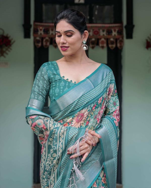 Teal Green Floral Printed Pure Cotton Linen Saree | Blouse & Tassel Edges