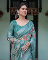 Teal Green Floral Printed Pure Cotton Linen Saree | Blouse & Tassel Edges