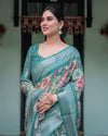 Teal Green Floral Printed Pure Cotton Linen Saree | Blouse & Tassel Edges