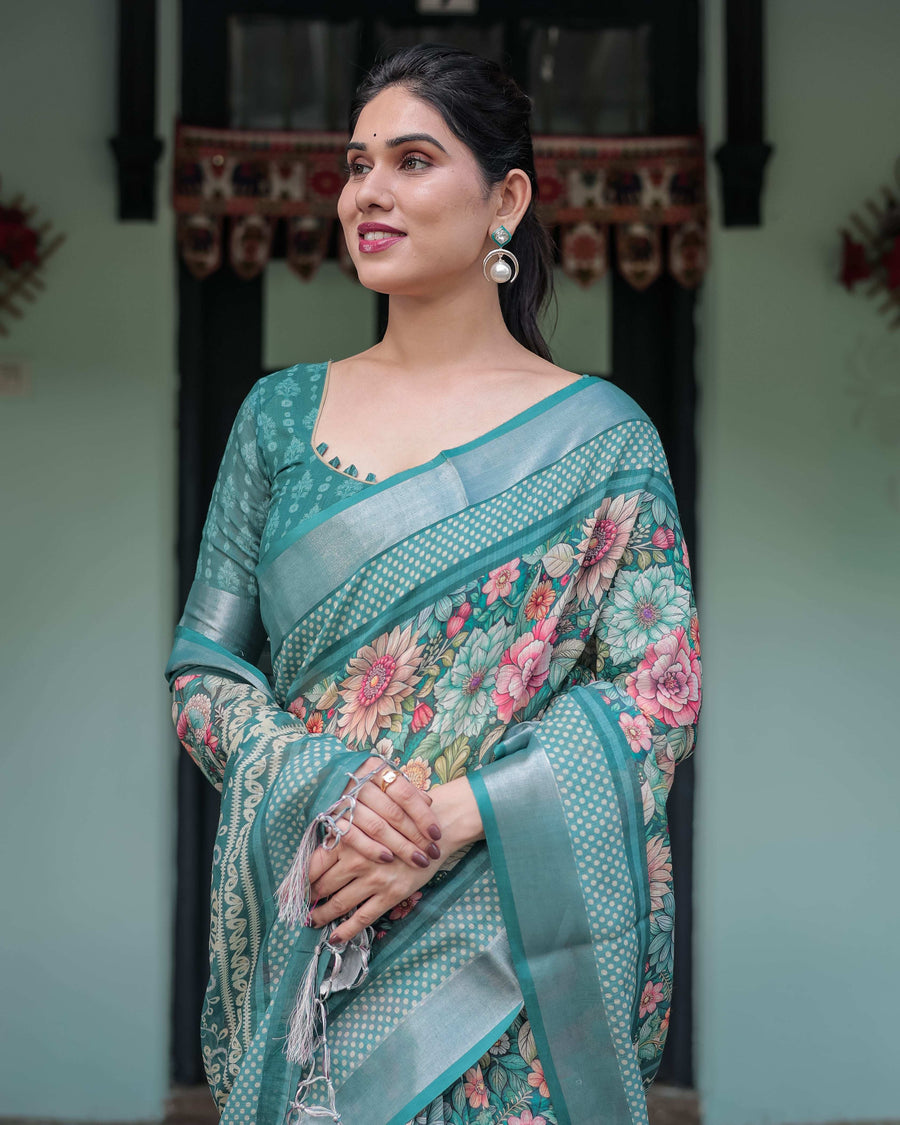Teal Green Floral Printed Pure Cotton Linen Saree | Blouse & Tassel Edges