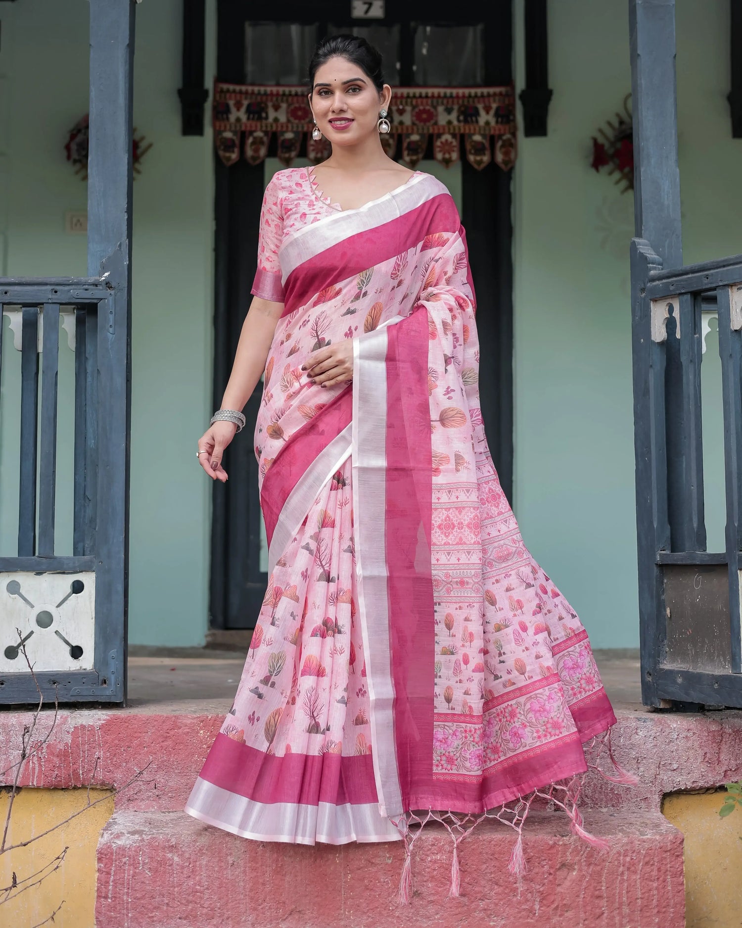 Soft Pink and Magenta Floral & Foliage Print Cotton Linen Saree with Blouse and Tassel Finish - SHREE ROOP