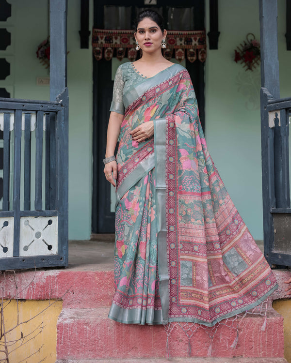 Pink & Maroon Pure Cotton Linen Saree | Floral & Leaf Design with Blouse & Tassels
