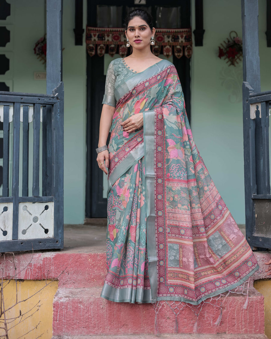 Pink & Maroon Pure Cotton Linen Saree | Floral & Leaf Design with Blouse & Tassels