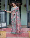Pink & Maroon Pure Cotton Linen Saree | Floral & Leaf Design with Blouse & Tassels