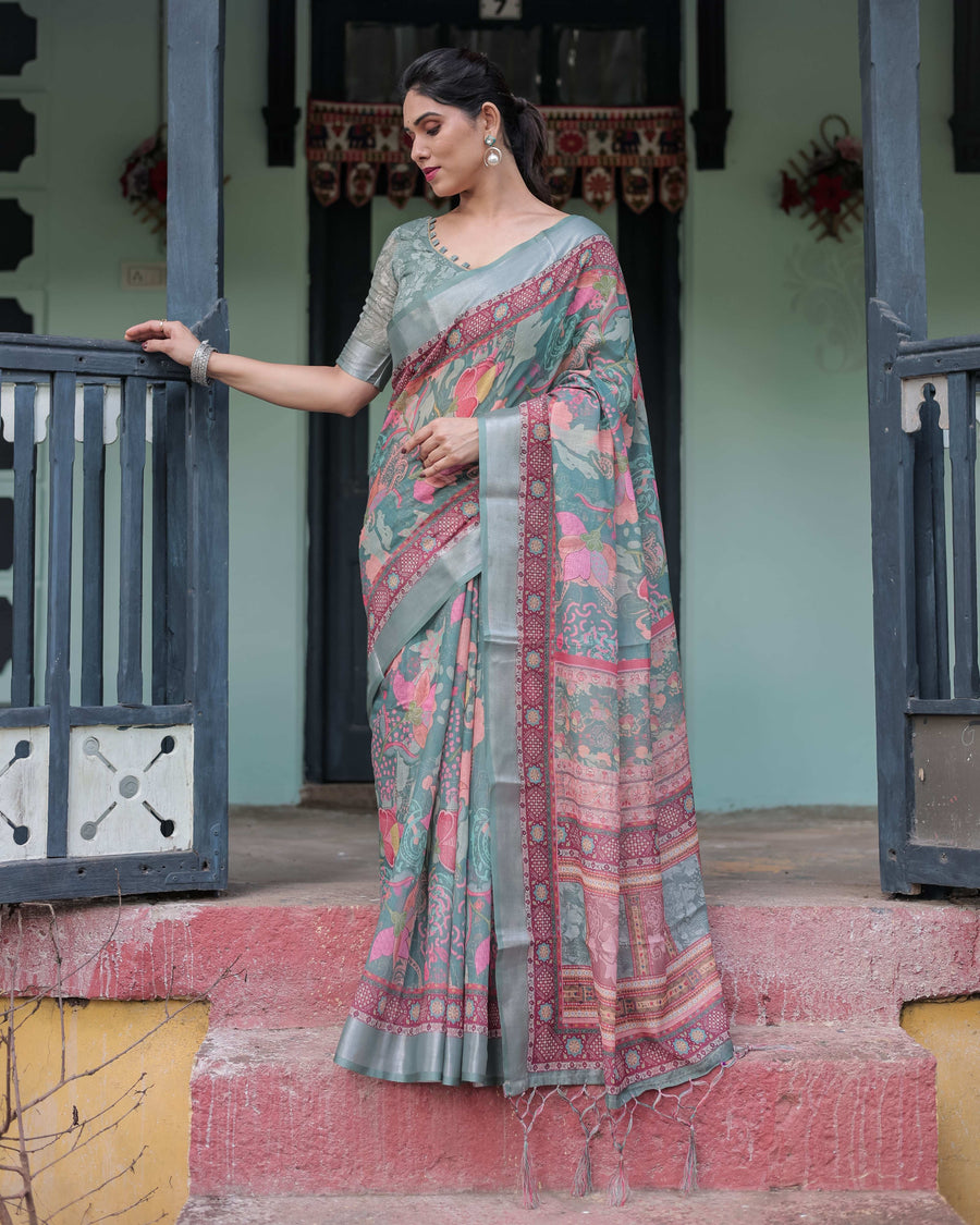 Pink & Maroon Pure Cotton Linen Saree | Floral & Leaf Design with Blouse & Tassels