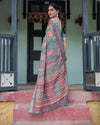 Pink & Maroon Pure Cotton Linen Saree | Floral & Leaf Design with Blouse & Tassels