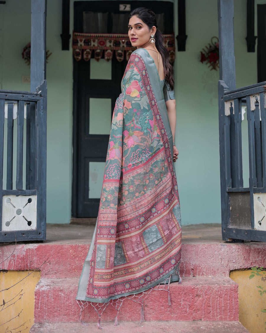 Pink & Maroon Pure Cotton Linen Saree | Floral & Leaf Design with Blouse & Tassels