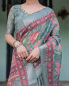 Pink & Maroon Pure Cotton Linen Saree | Floral & Leaf Design with Blouse & Tassels