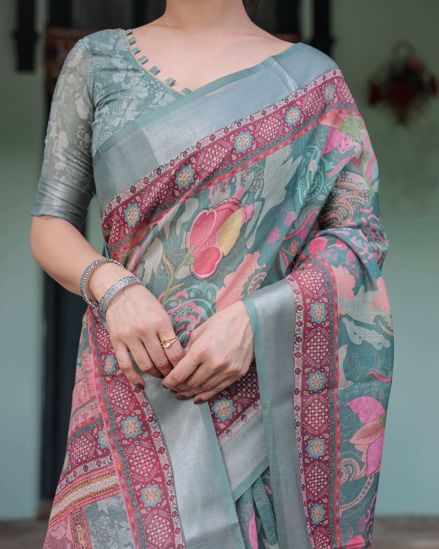 Pink & Maroon Pure Cotton Linen Saree | Floral & Leaf Design with Blouse & Tassels