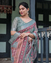 Pink & Maroon Pure Cotton Linen Saree | Floral & Leaf Design with Blouse & Tassels