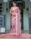 Pink & White Pure Cotton Linen Saree | Floral Foliage Print with Contrast Border & Tassels