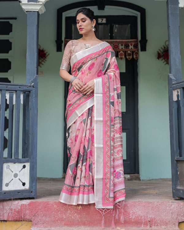 Pink & White Pure Cotton Linen Saree | Floral Foliage Print with Contrast Border & Tassels