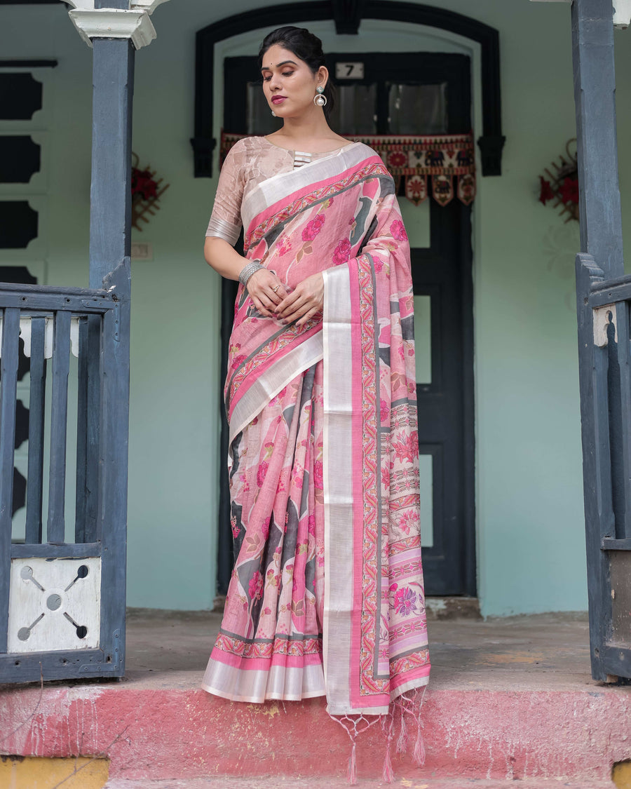 Pink & White Pure Cotton Linen Saree | Floral Foliage Print with Contrast Border & Tassels