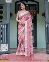 Pink and White Pure Cotton Linen Saree with Floral and Foliage Prints, Contrast Border, and Tassels