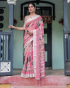 Pink and White Pure Cotton Linen Saree with Floral and Foliage Prints, Contrast Border, and Tassels