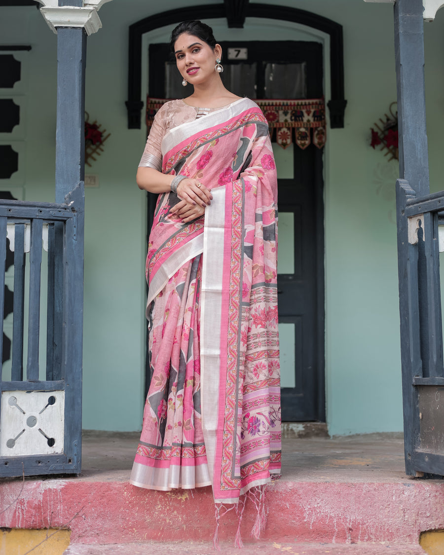 Pink and White Pure Cotton Linen Saree with Floral and Foliage Prints, Contrast Border, and Tassels