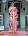 Pink and White Pure Cotton Linen Saree with Floral and Foliage Prints, Contrast Border, and Tassels