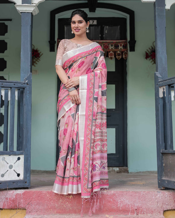Pink and White Pure Cotton Linen Saree with Floral and Foliage Prints, Contrast Border, and Tassels